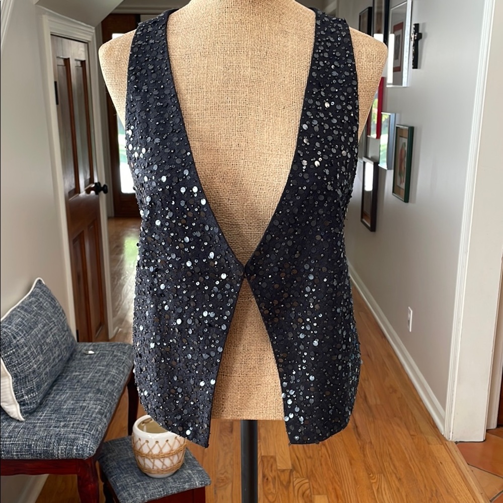 Eileen Fisher Black Sequin V-Neck Open Front Vest